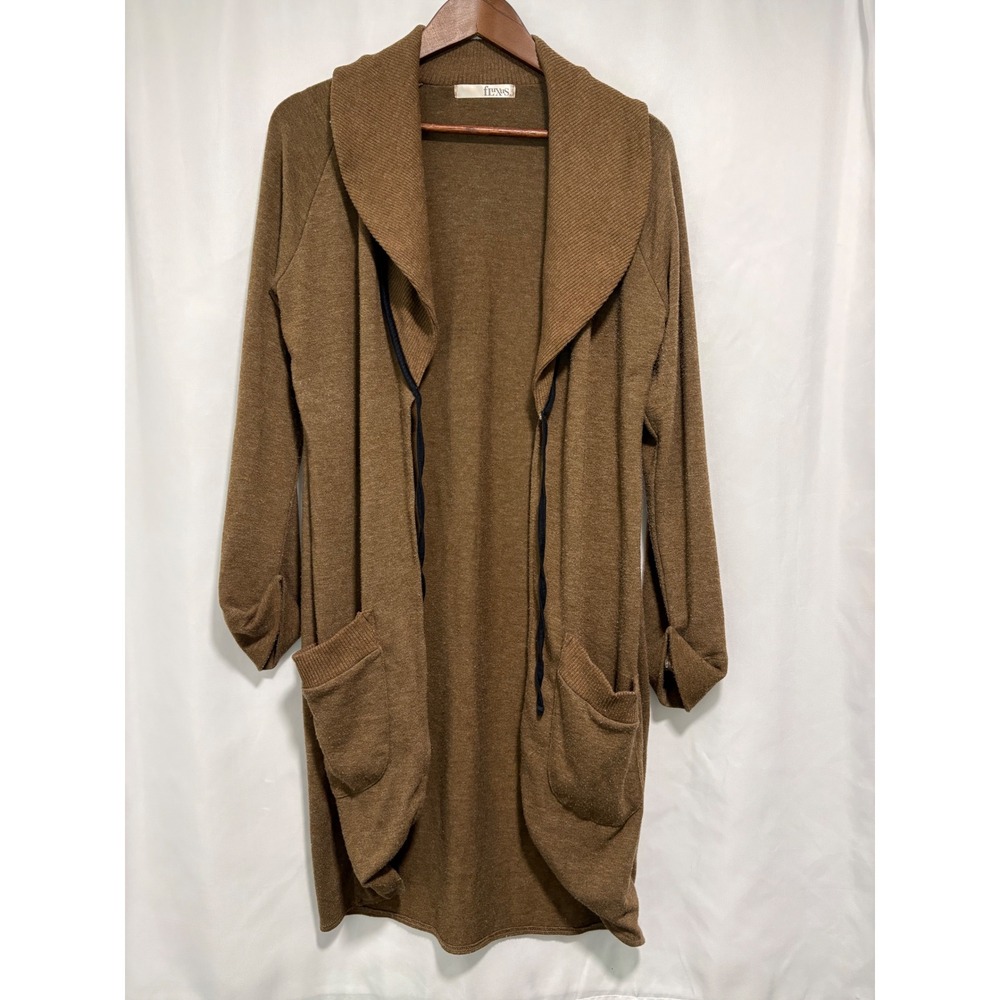 Anthropologie Fluxus Brown Long Open Front Cardigan Sweater Size L Draped Collar